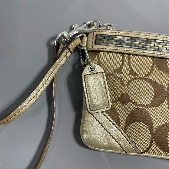 Coach Tan and Gold Signature Wristlet with Embellishments - Picture 3 of 10